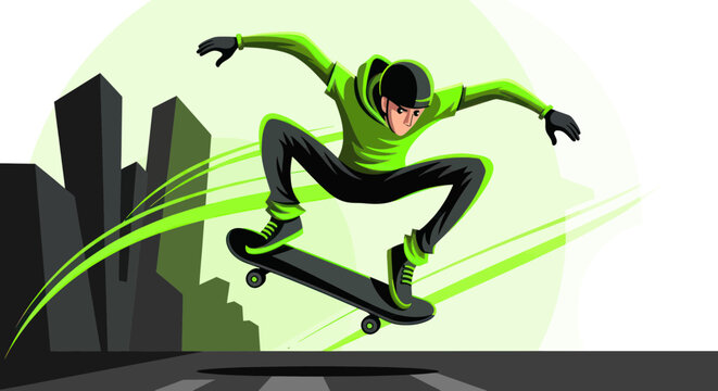 Skateboarder Performing Trick Mid-Air with Cityscape Background