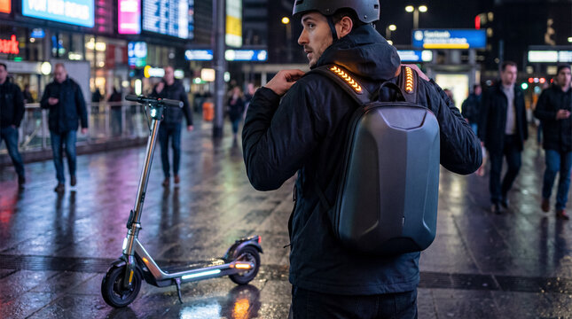Person with turn signal backpack and e-scooter at night