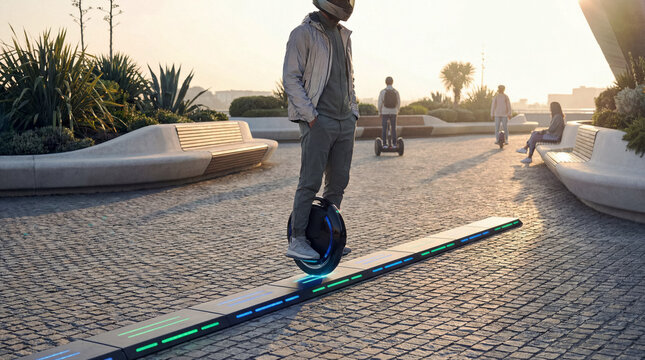 Electric unicycle charging on strip in futuristic park