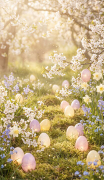 Bright luminous Easter scene. Warm sunlight, white and pastel-colored eggs gently glowing from within. Fresh blooming branches, soft green grass, and delicate spring flowers.