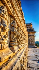 Obraz premium A photo of a colossal ancient stone wall with intricate carvings and weathered textures, standing tall against a clear blue sky