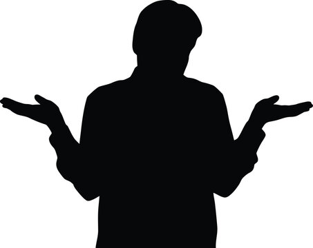 Male silhouette vector image, shrugging person with raised hands expressing uncertainty.