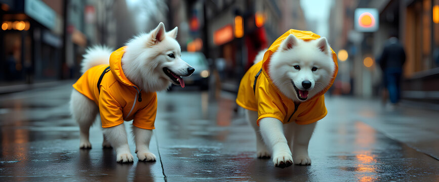 Dogs in raincoat during city walk
