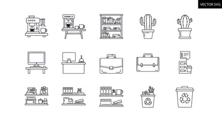 Fototapeta premium Office Icons Set: Coffee, Desk, Cactus, Briefcase, Computer, Shelves, Bin