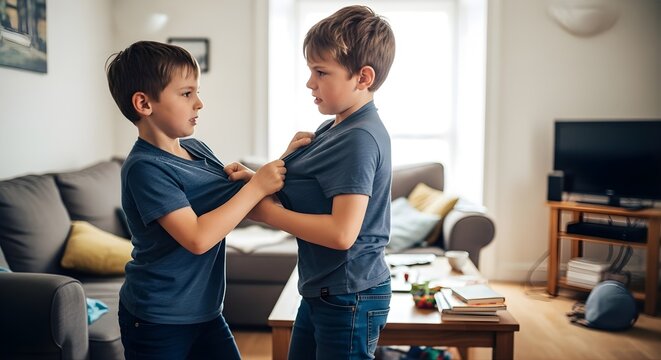 Two Young Boys Engaged in Playful Wrestling at Home