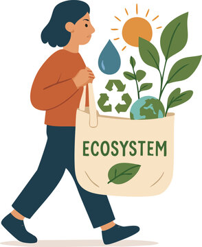 Woman carries eco-friendly bag with Earth, plant, and water droplet
