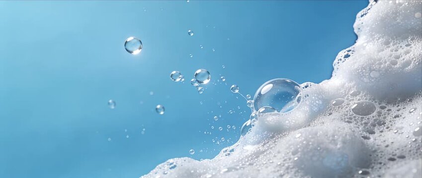 Bubble foam blue clean background water liquid soap fresh abstract foamy border floating soap bubbles gentle washing clean background blue sky water drop copy space hygiene abstract smooth surface