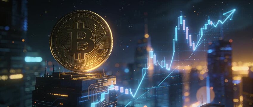 Gold coin bitcoin digital currency cryptocurrency blockchain finance investment trading market technology in futuristic city bull market price growth stock market chart trading blue neon cityscape
