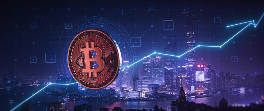 Cryptocurrency bitcoin digital coin blockchain fintech financial growth price chart blue night city skyline hologram investment market trading virtual currency technology futuristic network crypto