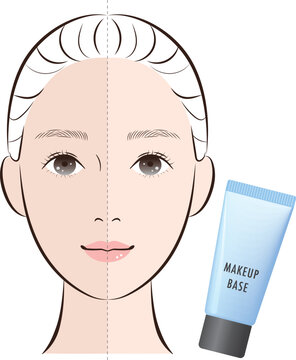 トーンアップ下地の使用前後　半顔比較（ブルー系の化粧下地）