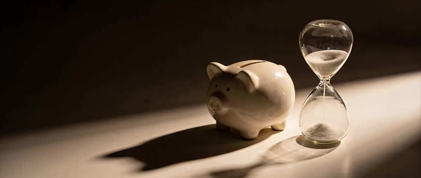 Piggy bank hourglass money saving time concept minimal ceramic object scene warm light shadow contrast metaphor finance deadline investment future sand timer