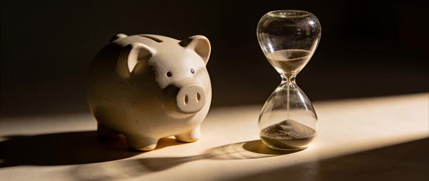 Minimal matte ceramic piggy bank beside glass hourglass with sand for saving money over time time finance budget investment future wealth concept warm cinematic light shadow symbolizing patience