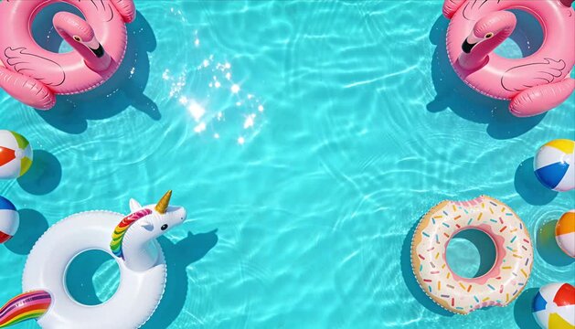 Floating ring swimming pool summer turquoise water inflatable vacation fun unicorn flamingo donut beach ball sunlight ripple relaxation holiday party travel leisure outdoor aquatic clear playful scene