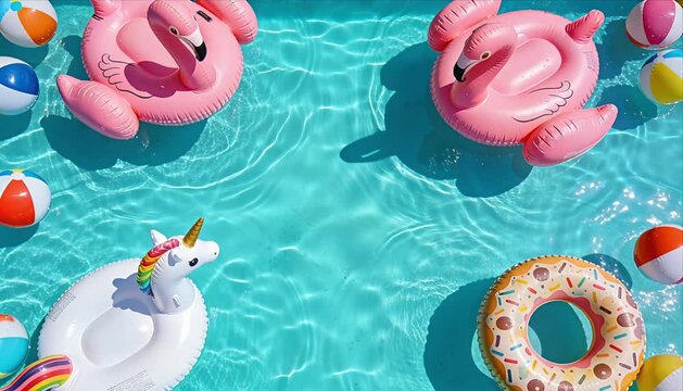 Playful summer pool float flamingo unicorn donut ring beach ball fun inflatable flamingo pool float unicorn float summer beach ball donut float turquoise water family fun holiday vacation party
