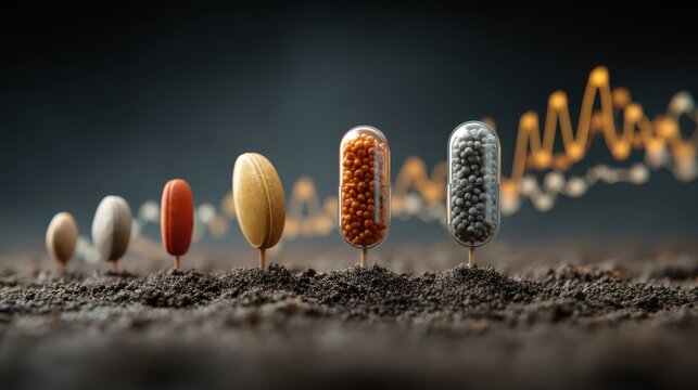 Capsules and pills standing upright in soil, with a fluctuating graph line in the background symbolizing pharmaceutical data or medicine trends.
