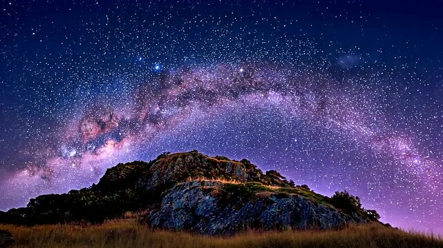 Vibrant Milky Way arching over a rocky hill with dry grass under a star-filled sky