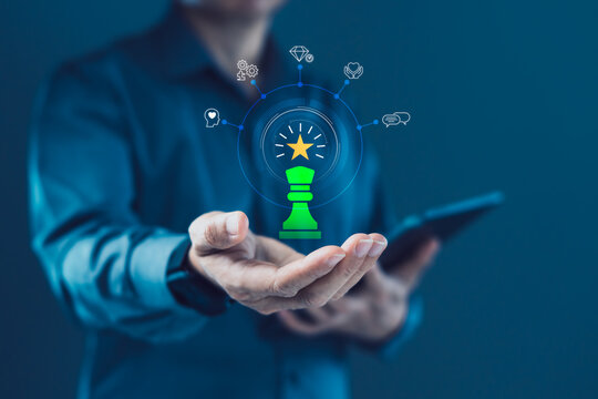 Business professional presenting strategy success concept with leadership achievement and goal orientation interface