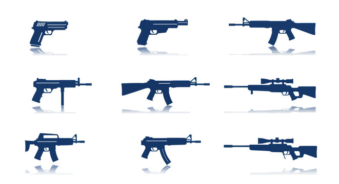 Collection of Silhouetted Firearms: Pistols, Rifles, and Submachine Guns