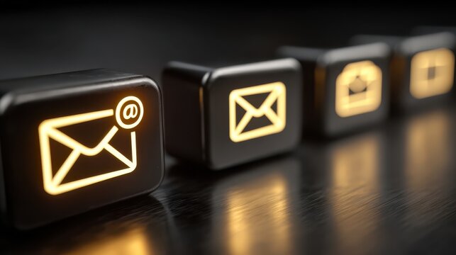 Glowing keyboard keys with email and envelope icons symbolizing digital communication and email connectivity.