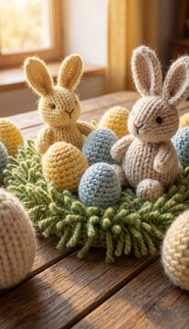 A cozy Easter scene entirely made of yarn, knitted bunnies, crocheted eggs, soft fabric grass, warm handmade aesthetic, macro photography style, visible stitches, warm sunlight.