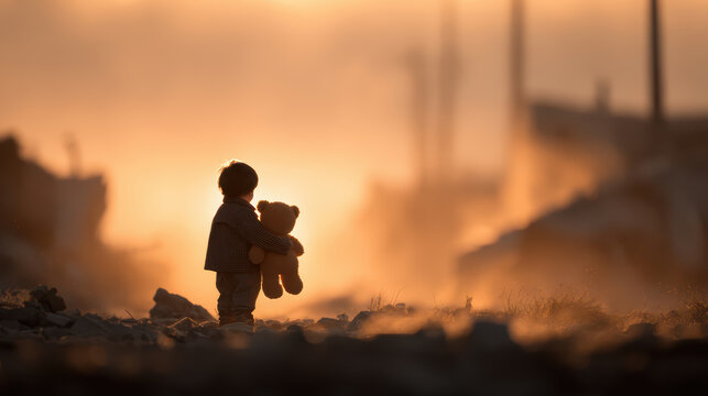 Silhouette child teddy bear sunset silhouette child teddy bear sunset golden light lonely backlit horizon