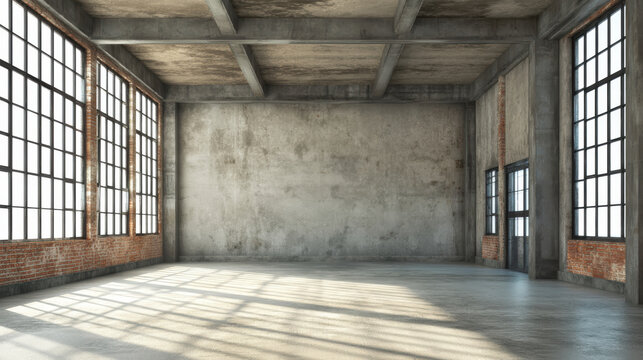 Industrial room with diffused natural light professional loft space with large windows concrete walls and exposed brick creating bright open