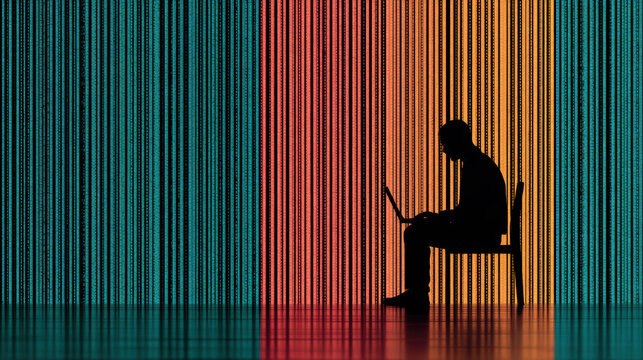 Silhouette hacker at laptop sitting on chair with colorful vertical binary code background conveying cyberattack tension