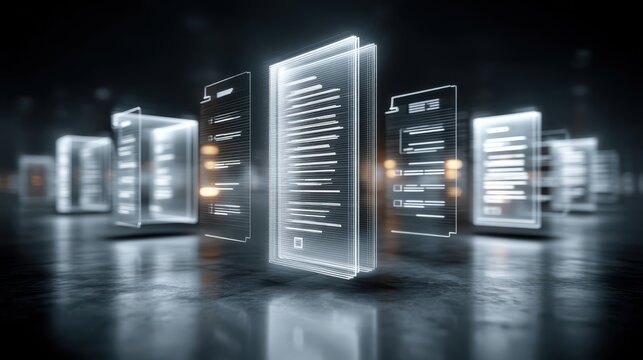 Digital holographic documents floating in a dark space, representing futuristic data visualization and information technology.