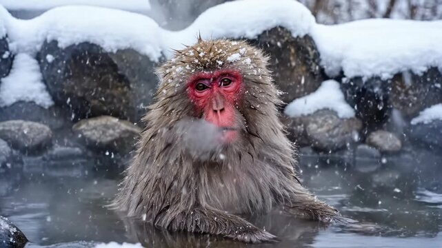 Adult Japanese macaque with distinct red face and wet brown fur sits in a steaming hot spring surrounded by snow-covered rocks during a heavy winter snowfall in Japan.