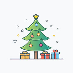 Naklejka premium Festive cartoon Christmas tree decorated with colorful ornaments and gifts on a clean white background.
