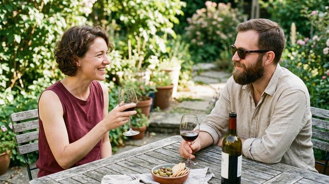 A smiling man and woman sit at a weathered wooden table in a lush, sun-drenched outdoor garden or patio. They are enjoying red wine and a small snack of olives and bread while engaging in a happy.