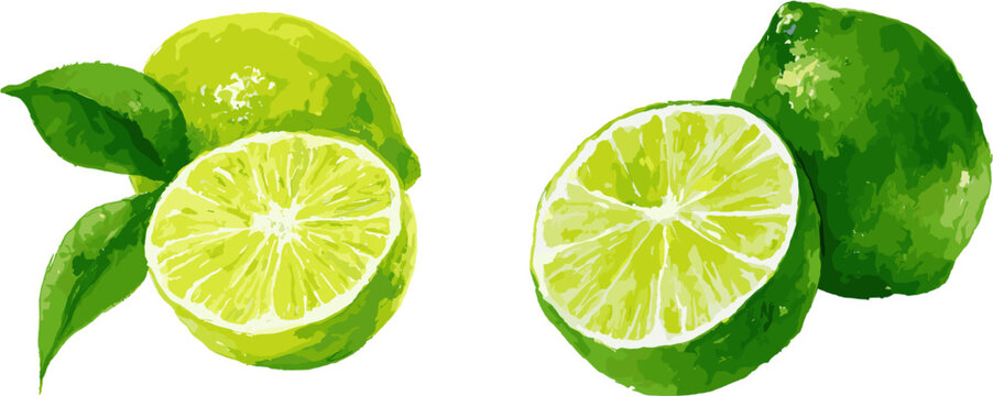 2 sets of watercolor limes, in the style of clipart style, isolated on a white background
