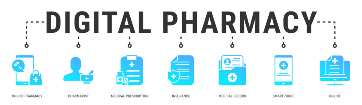 Digital Pharmacy web banner icon vector illustration featuring Online Pharmacy, Pharmacist, Medical Prescription, Insurance, Medical Record, Smartphone and Online