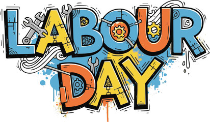 Obraz premium Labour Day typography illustration with industrial tools and gears doodle style
