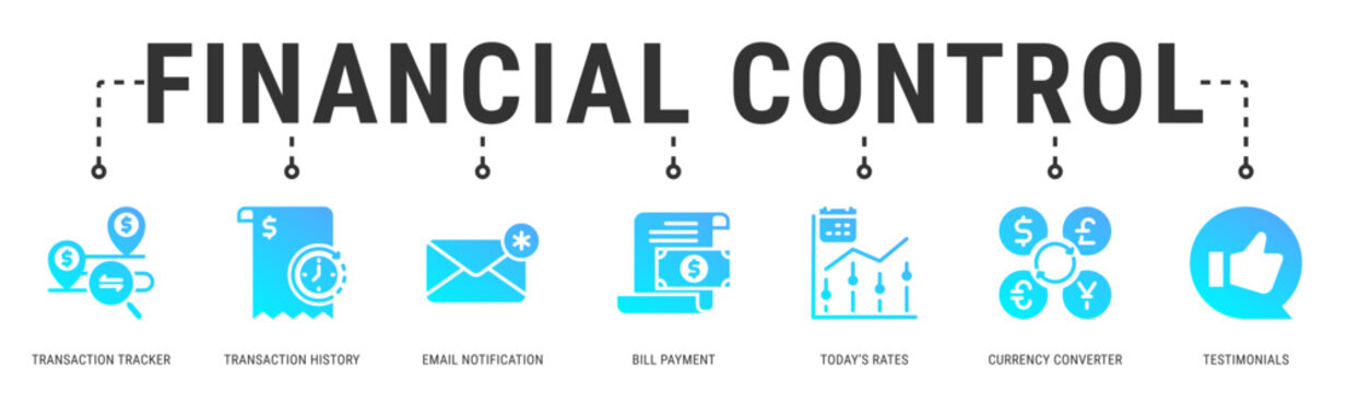 Financial Control web banner icon vector illustration featuring Transaction Tracker, Transaction History, Email Notification, Bill Payment, Today�s Rates, Currency Converter and Testimonials
