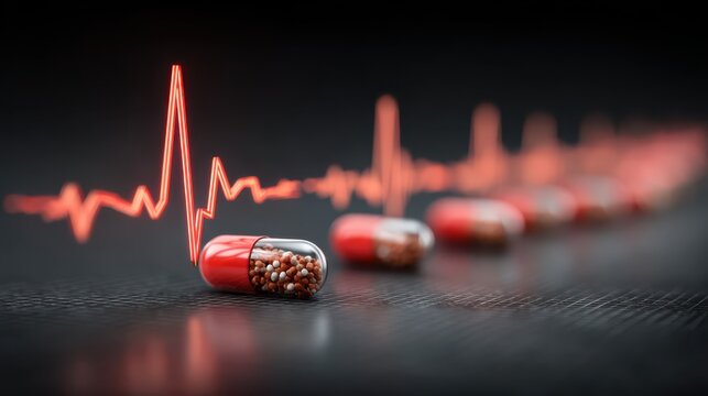 Red and transparent capsules with tiny beads inside aligned on a reflective surface, with a glowing red electrocardiogram waveform in the background.