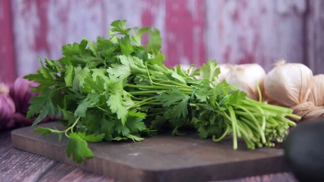 Fresh green parsley bunch on wooden cutting board with garlic and red onions in background.