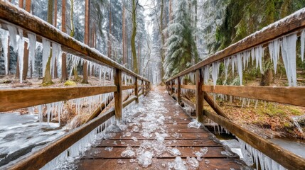 Obraz premium Serene Wooden Footbridge Over a Partially Frozen Stream in a Winter Forest