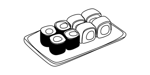 A simple black and white line art illustration of a platter featuring several pieces of sushi Vector, illustration © Badhon_Designer