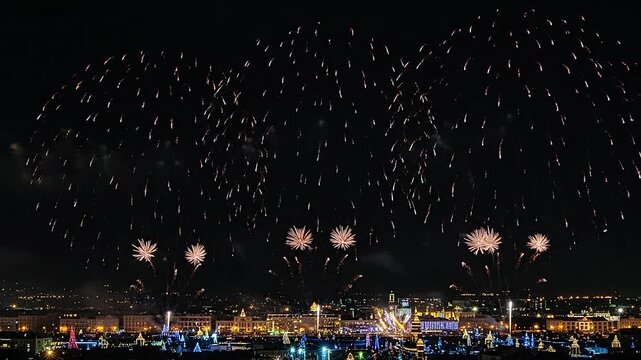 Bright colorful fireworks exploding over a city skyline at night