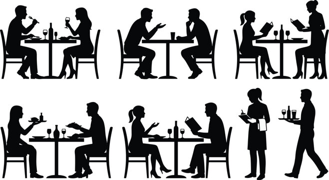 Silhouettes of couples dining at restaurant tables with waiter