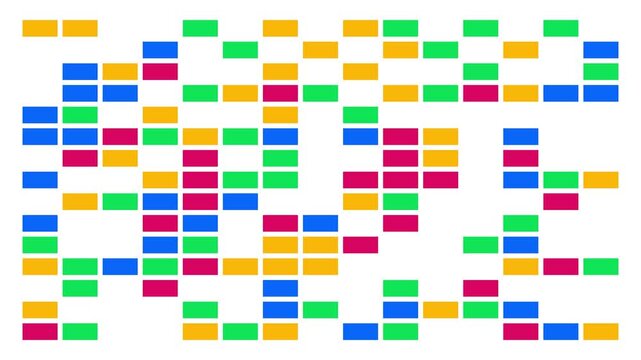 Retro game-like vibrant multicolor blocks randomly appearing and disappearing on a white background, ideal for abstract motion graphics, playful data visualization, and creative design projects.