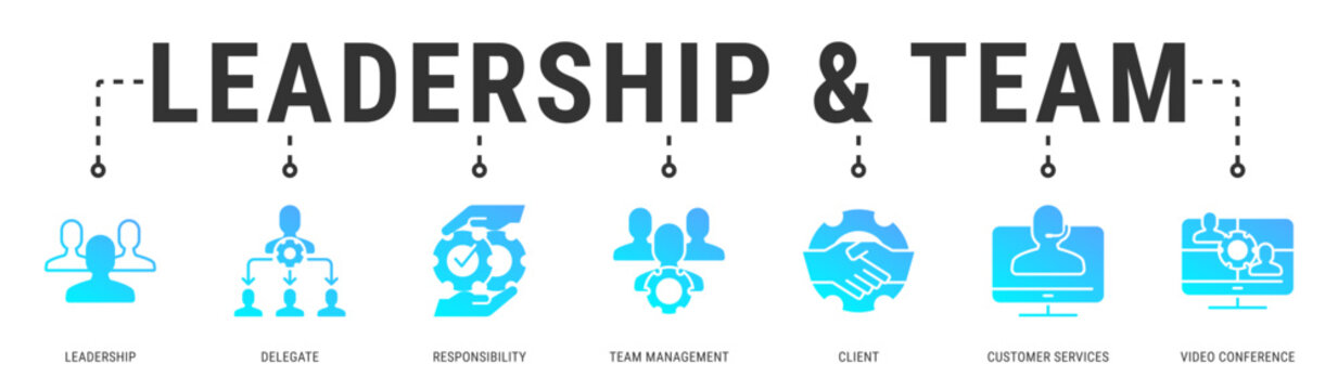Leadership & Team web banner icon vector illustration featuring Leadership, Delegate, Responsibility, Team Management, Client and Customer Services