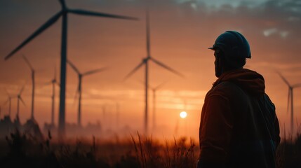 Fototapeta premium A person wearing a helmet watches numerous wind turbines at sunset, highlighting renewable energy and sustainable technology.