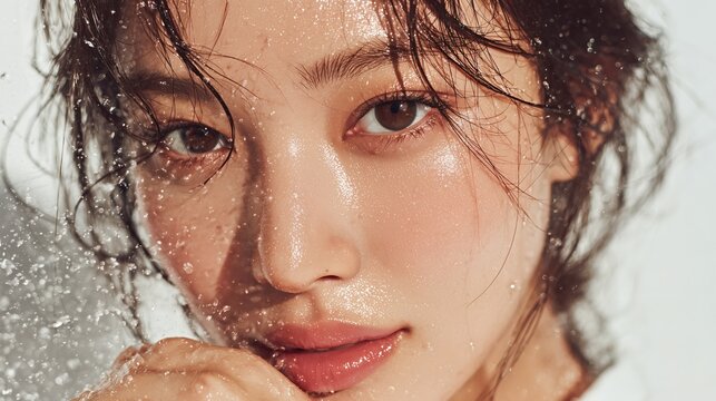 Beauty Face with Water Splashes, Fresh Glow, and Healthy Skin Close-up
