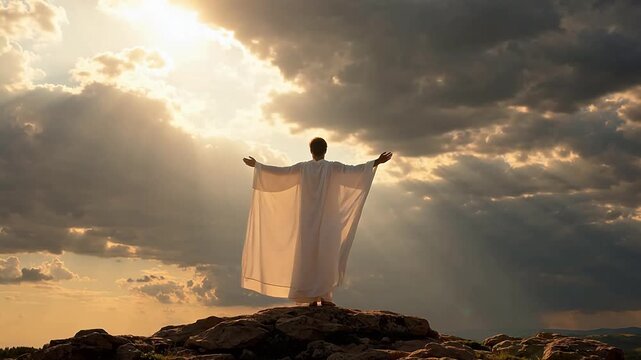 Advanced Person in white robe with arms raised on rocky hill for Digital Transformation and Cyber Infrastructure
