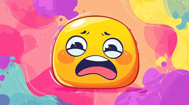 An expressive and anxious emoji face with a worried expression, set against a vibrant, abstract background