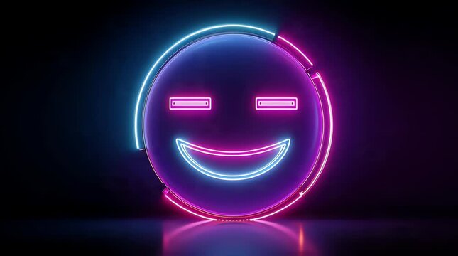 Vibrant neon glowing smiley face emoji in dynamic blue and pink hues. Modern digital illustration reflecting on a dark surface, symbolizing joy and futuristic communication
