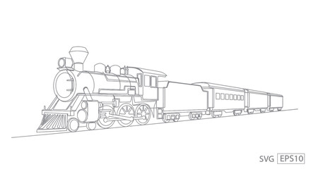 Obraz premium Vintage Steam Locomotive Train Outline, Retro Transportation Drawing