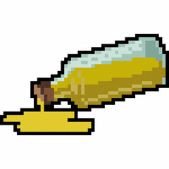Fototapeta premium Pixel art glass bottle with yellow liquid spilling out. Retro 8-bit potion or oil game asset isolated on white.
